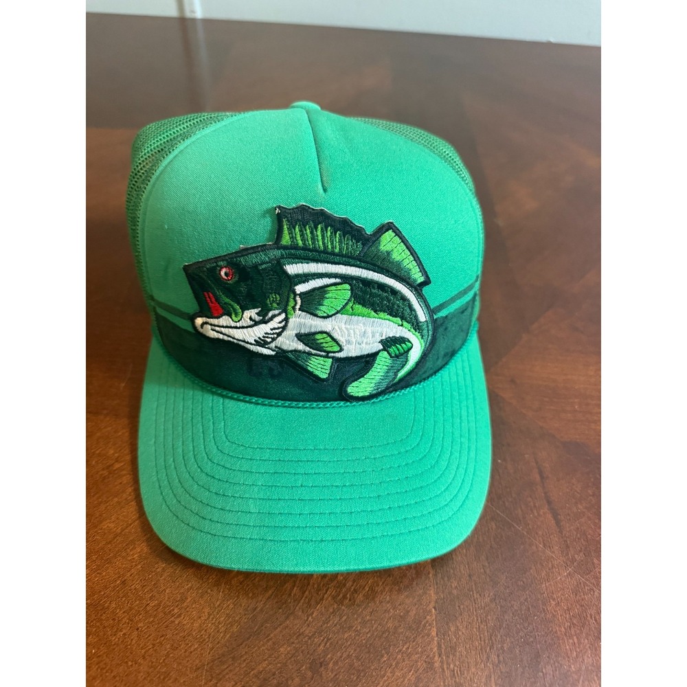 Vintage 90s 80's Bass Rare Big Fish Embroidered Patch Green Foam Front